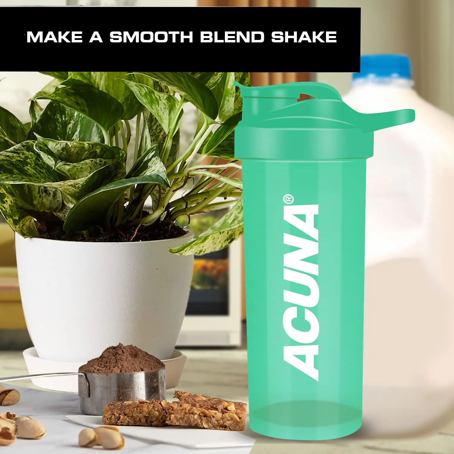 ACUNA Shaker Bottle For Protein Powder 700 ml - Protein Shaker Bottle With Mixer Ball, BPA Free Leak Proof Screw On Lid With Flip Top, Sports Gym Supplement Protein Powder Shake Bottle (Green) Green