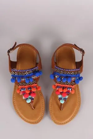 Bamboo Suede Pom Pom And Hardware Embellished Flat Sandal