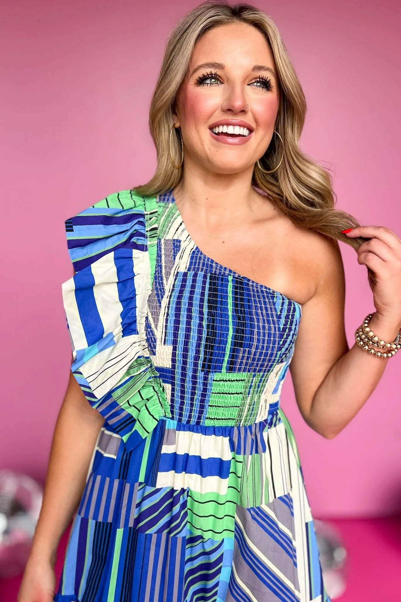 Blue Multi Abstract Print One Shoulder Ruffle Detail Midi Dress *FINAL SALE*