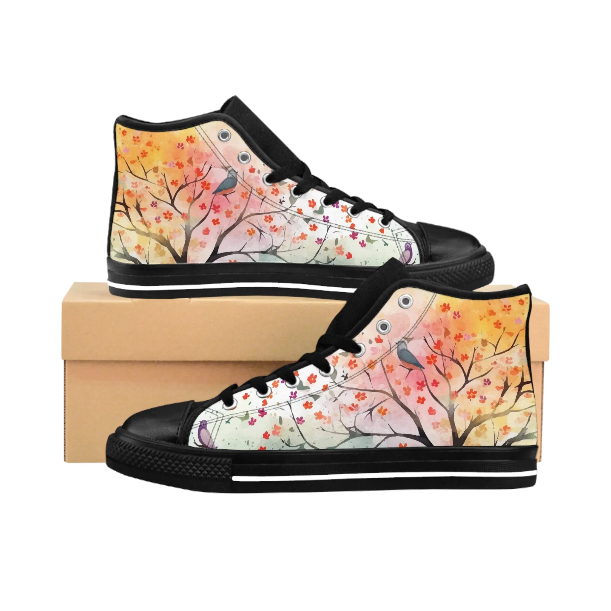 Colorful Watercolor Tree and Bird Women's Classic Sneakers