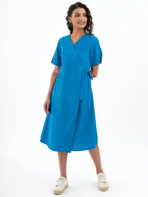 Cotton Poplin Wrap Dress - Blue