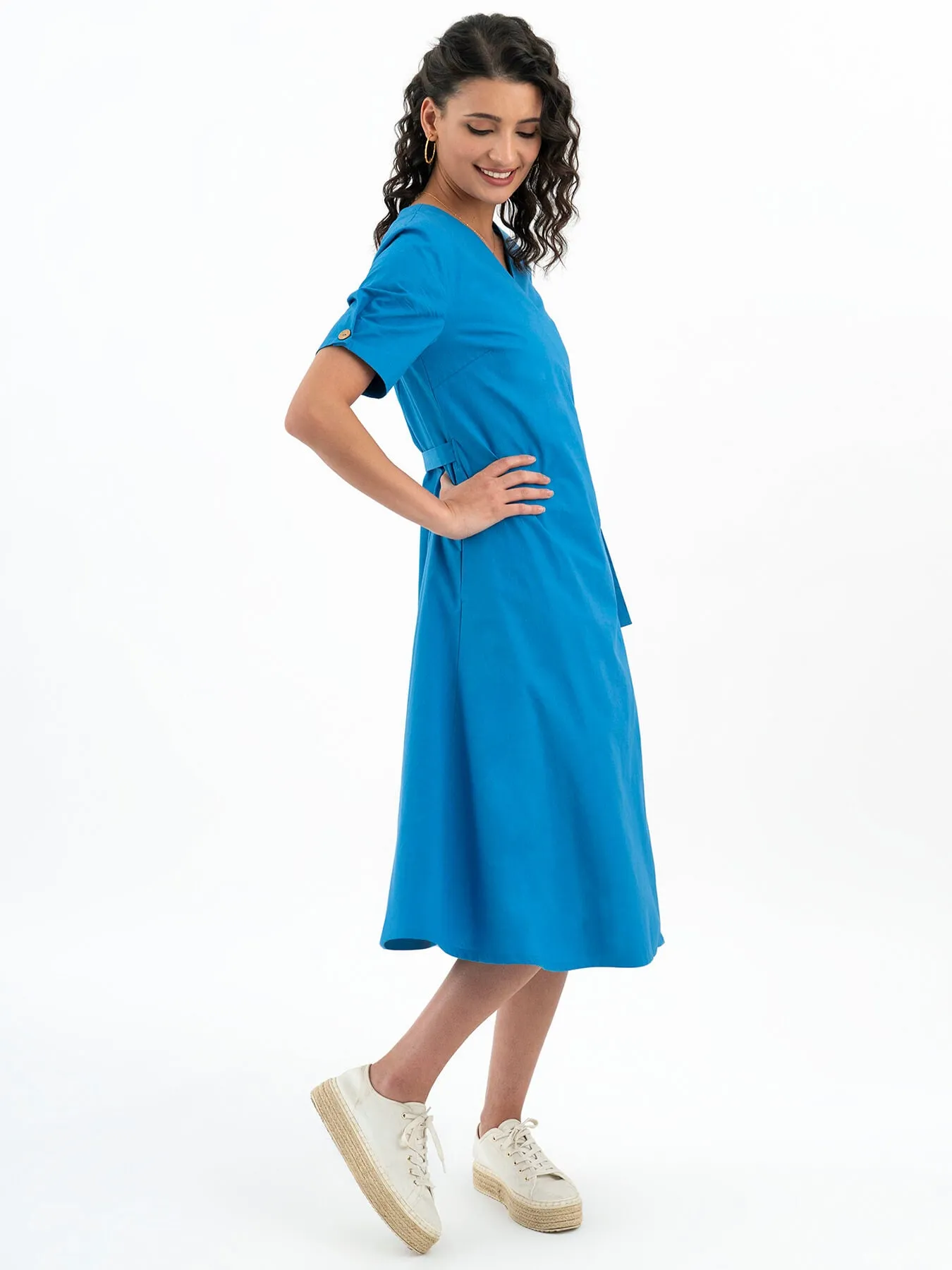 Cotton Poplin Wrap Dress - Blue