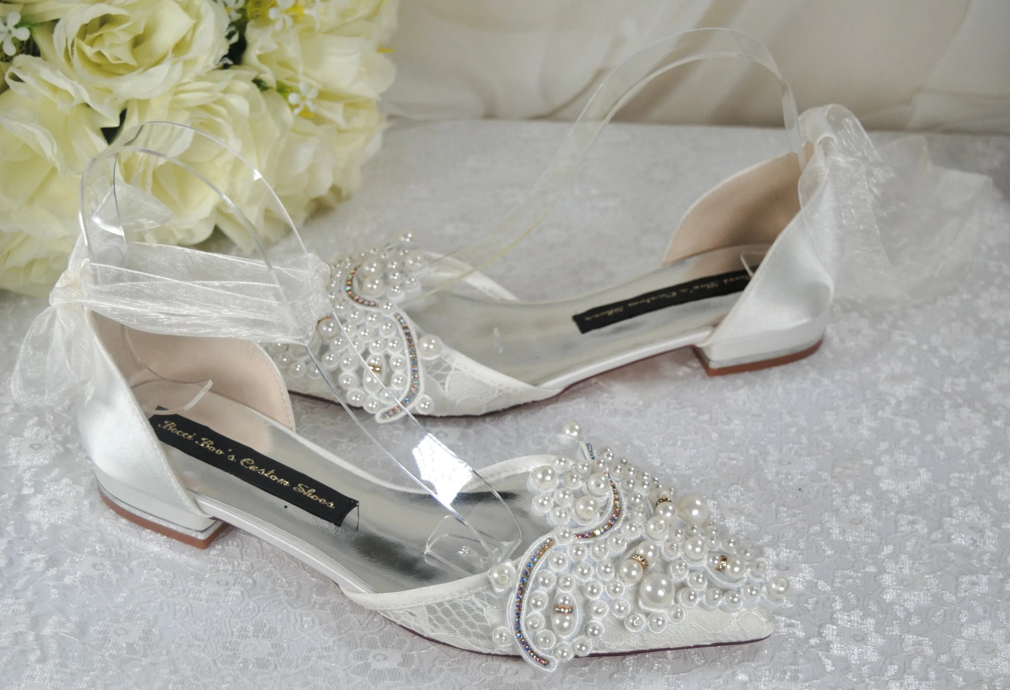 Crochet Lace Flats - Large Pearl Appliqué
