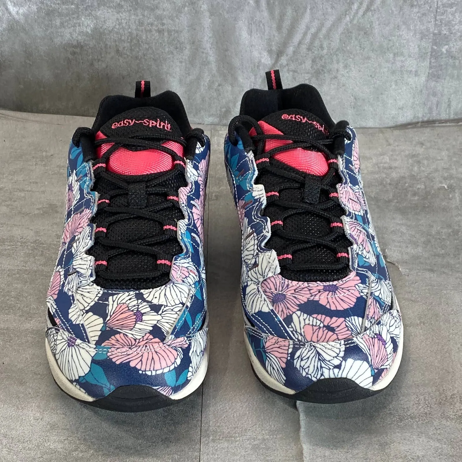 EASY SPIRIT Women's Black/Coral Floral Romy Lace-Up Walking Shoes SZ 8.5