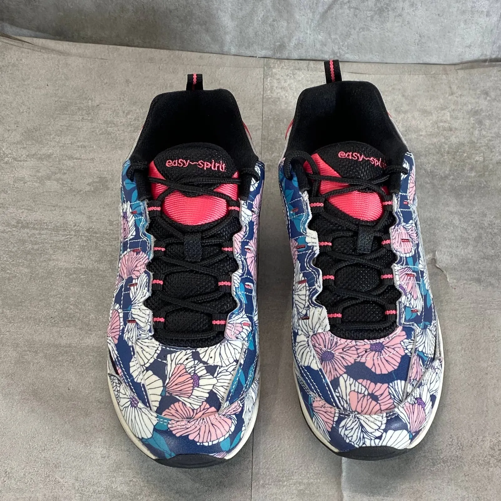 EASY SPIRIT Women's Black/Coral Floral Romy Lace-Up Walking Shoes SZ 8.5