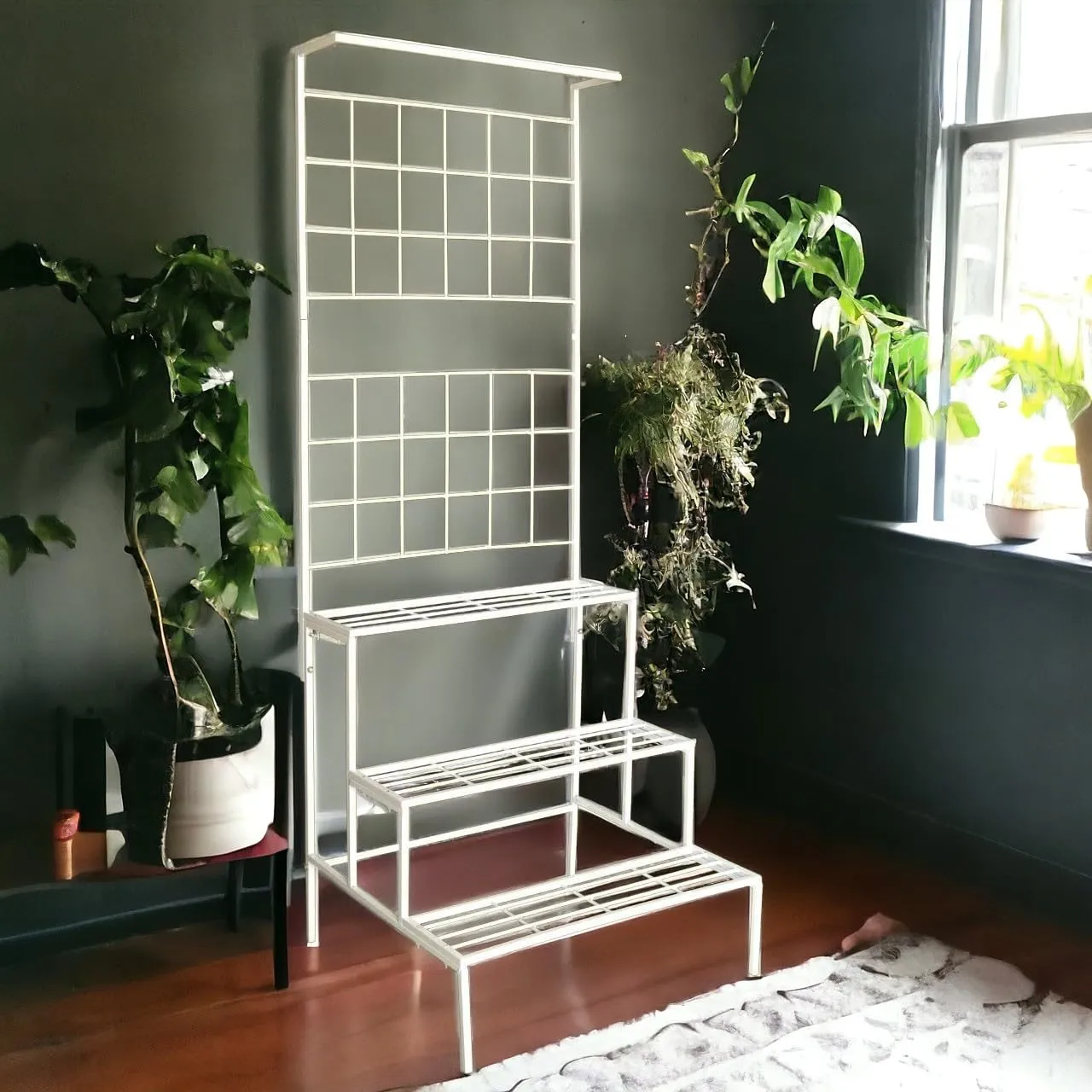 ecofynd Bloom Plant Stand for Balcony, 4 Tier Metal Planter Holder for Living Room, 3 Steps Flower Pot Stand for Multi Plants, Big Rack for Home Indoor Outdoor Garden (PS007-WHT)