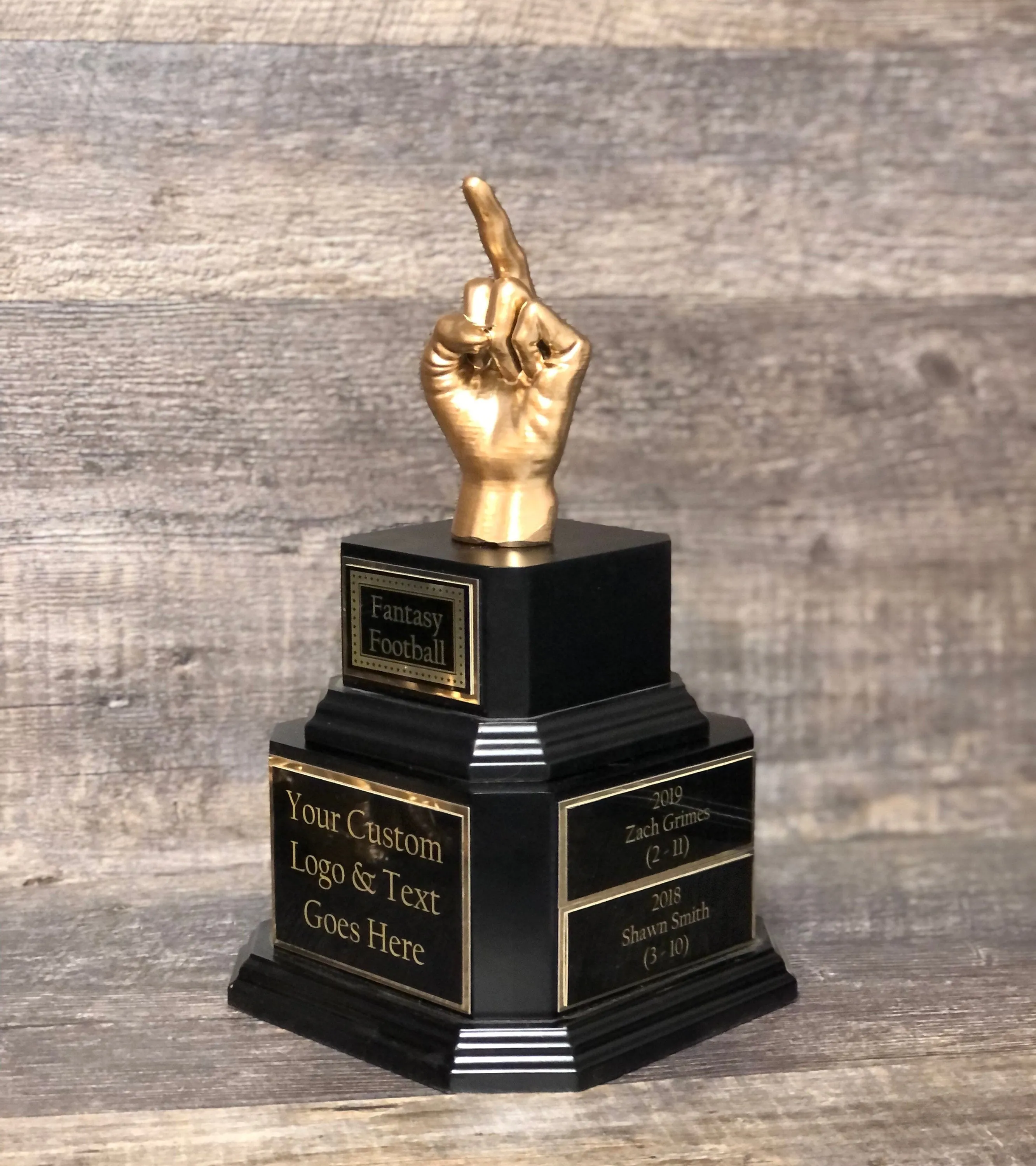 Fantasy Football Trophy Middle Finger FFL Perpetual Worst Stats Trophy Funny Gag Flipping You The Bird F*ck You One Finger Two Words Award