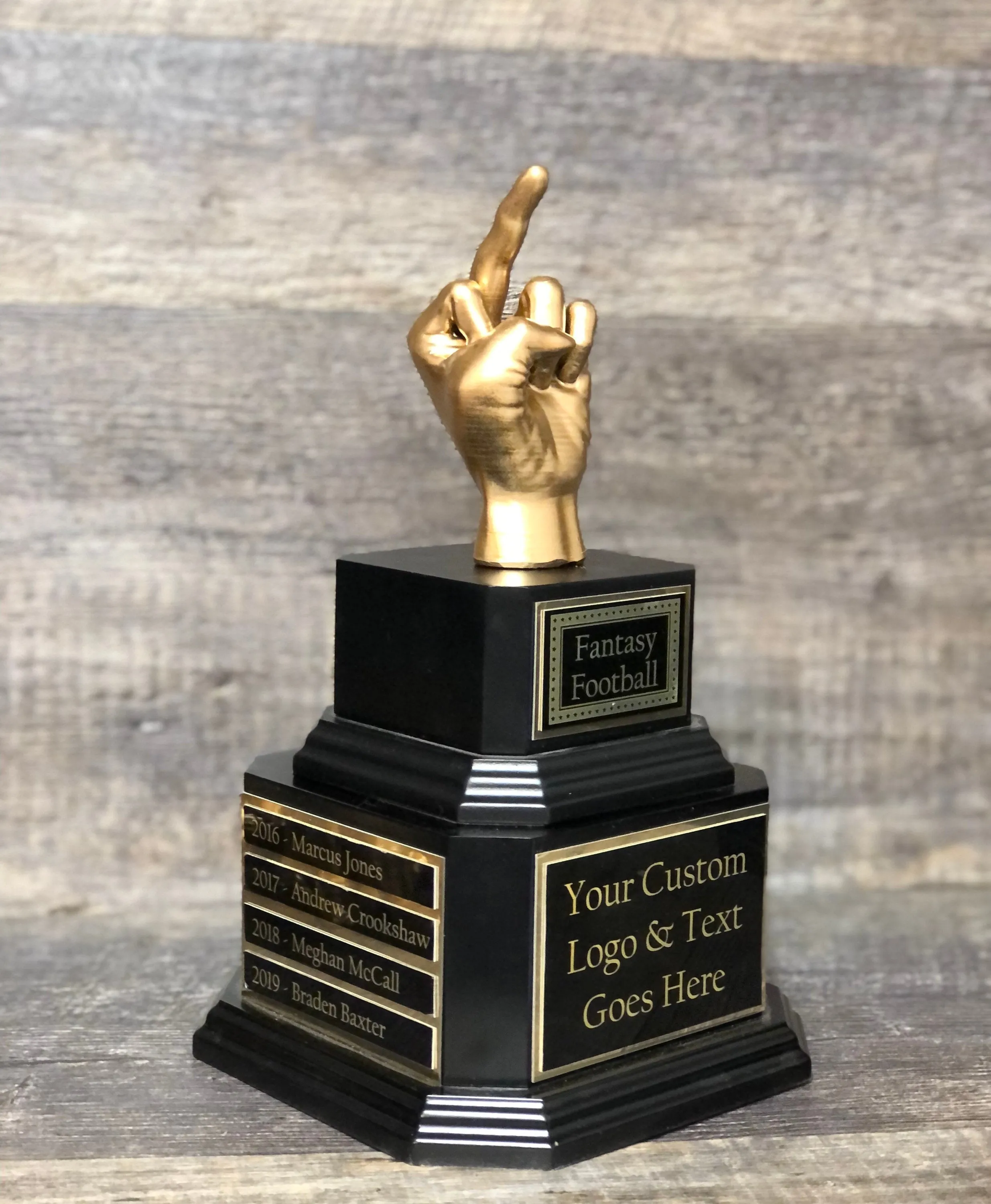 Fantasy Football Trophy Middle Finger FFL Perpetual Worst Stats Trophy Funny Gag Flipping You The Bird F*ck You One Finger Two Words Award