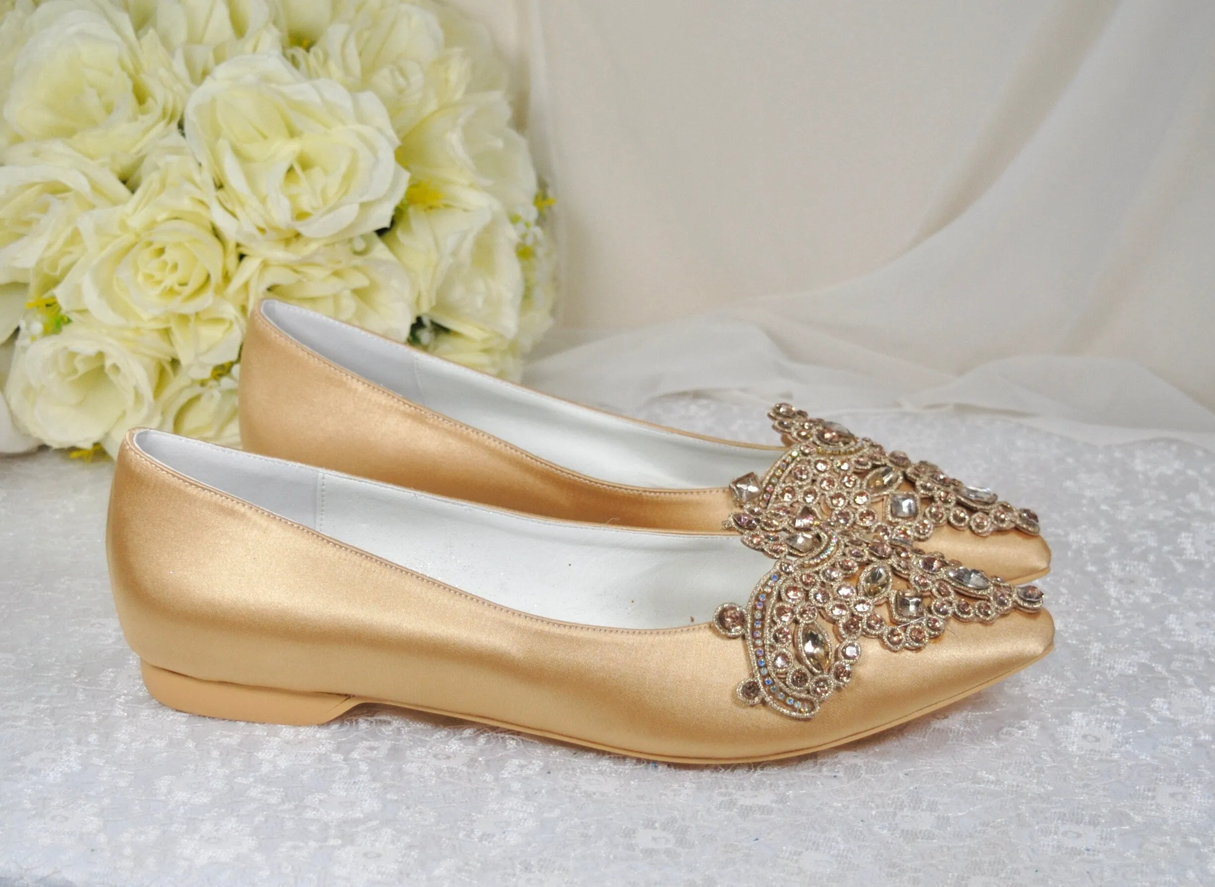 Gold Satin Pointy Toe Flats with Sparkly RHINESTONES APPLIQUÉ
