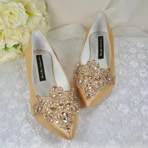 Gold Satin Pointy Toe Flats with Sparkly RHINESTONES APPLIQUÉ