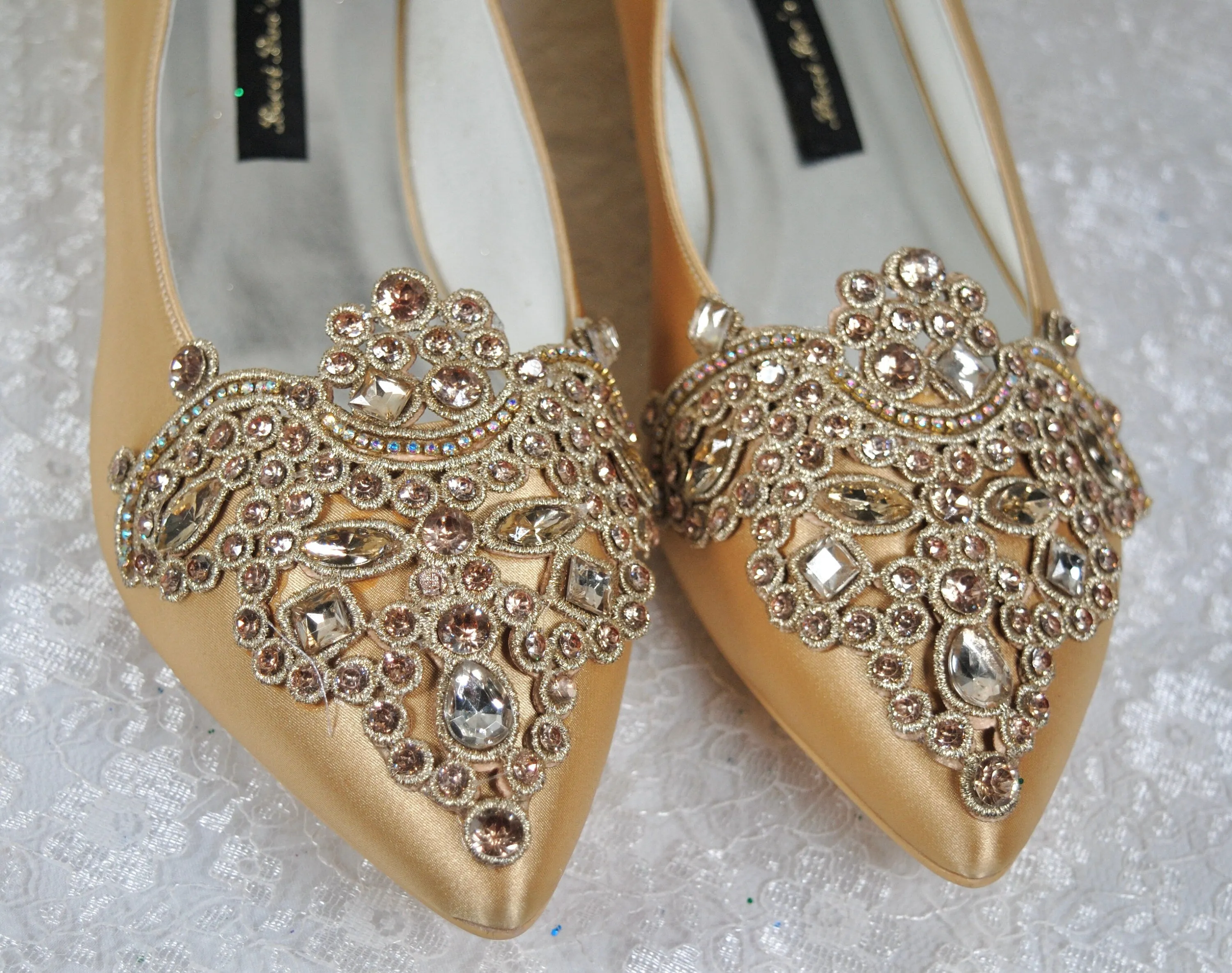 Gold Satin Pointy Toe Flats with Sparkly RHINESTONES APPLIQUÉ