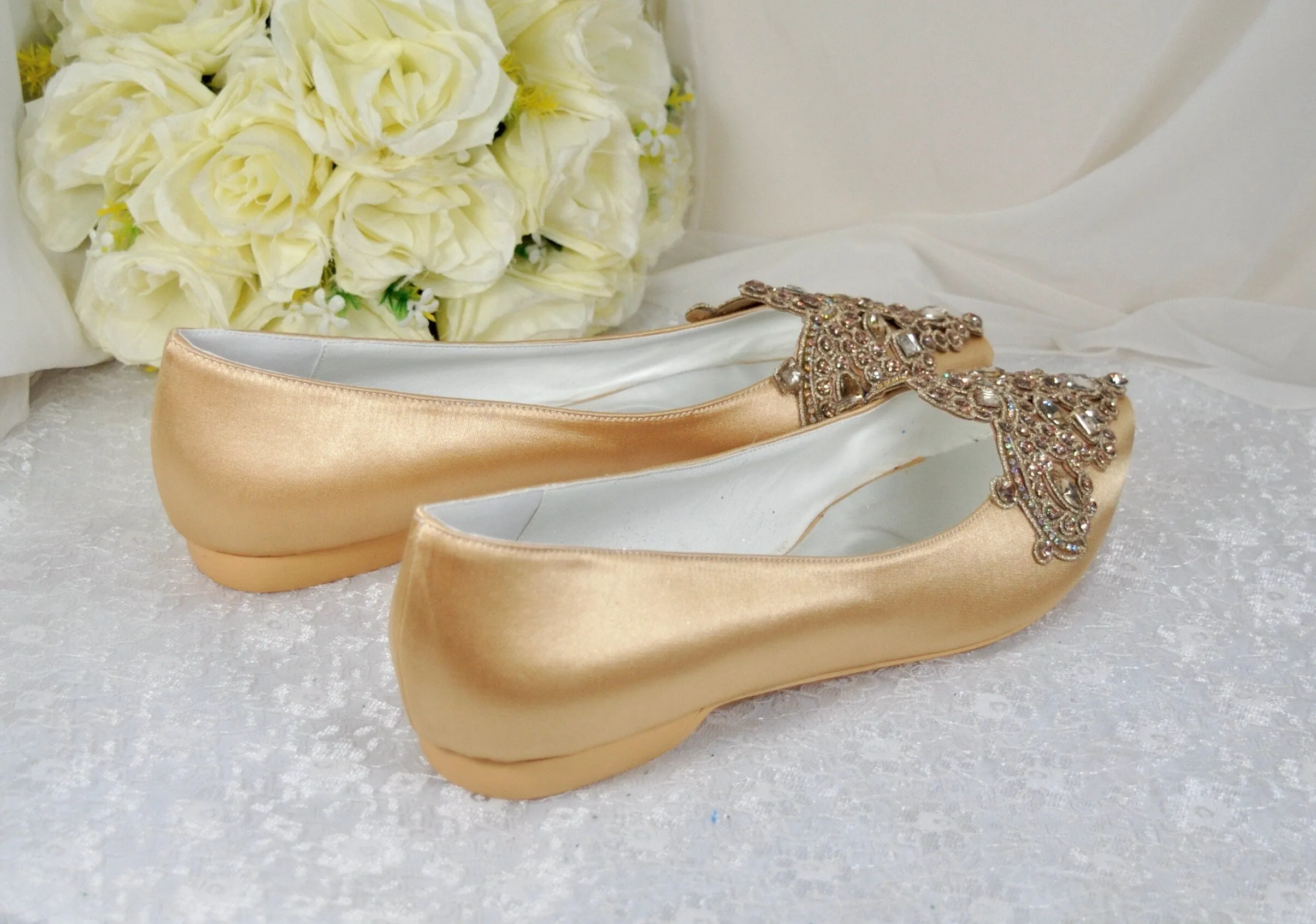 Gold Satin Pointy Toe Flats with Sparkly RHINESTONES APPLIQUÉ