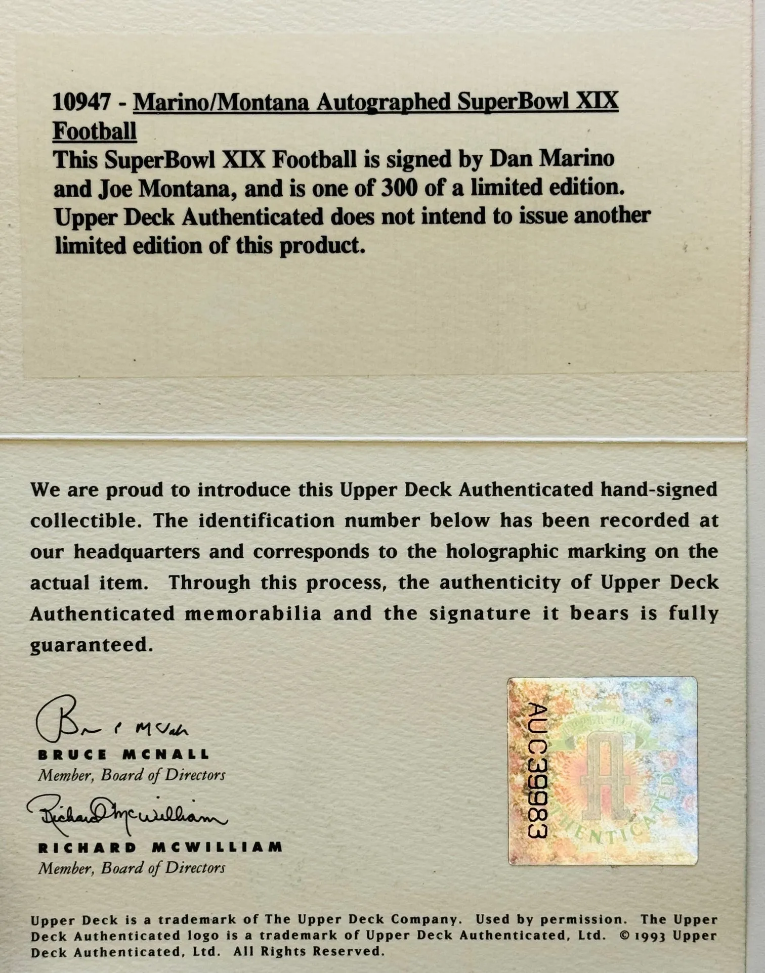 Joe Montana & Dan Marino Signed Super Bowl XIX Official Football LE/300 (Upper Deck)