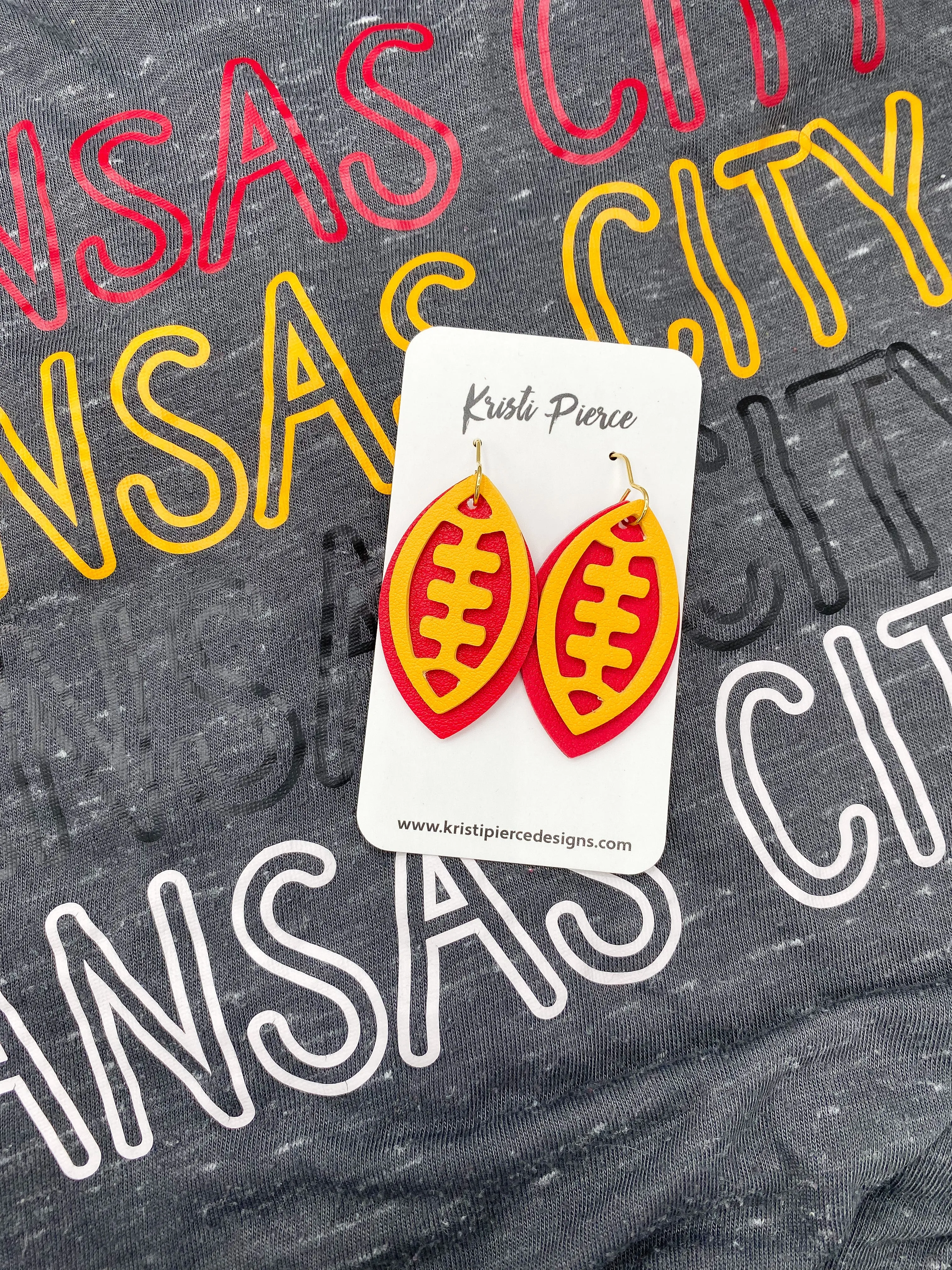 Kansas City Chiefs Red & Yellow Faux Leather Football Earrings