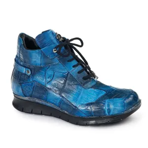 Mauri Designer Shoes Exotic Skin Men's Multi Blue Baby Croc & Nappa Leather Sneakers 8567(MA4815)