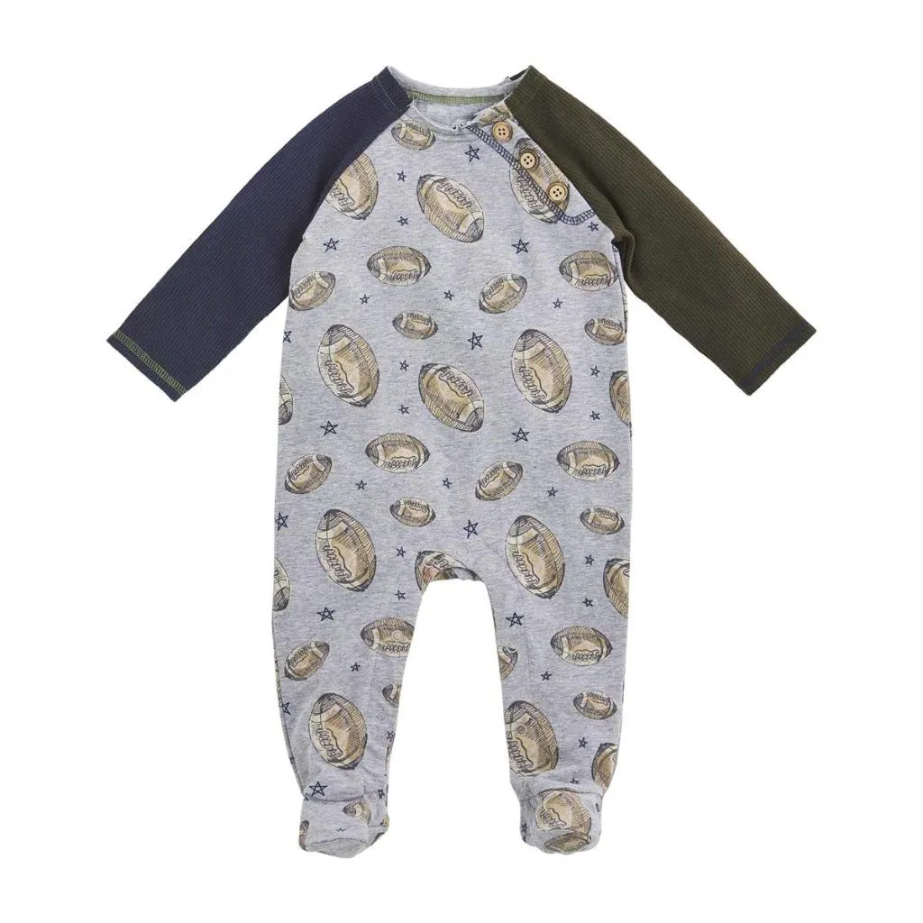 Mud Pie Kids Boys Raglan All-Over Football Print Grey 1 Pc Sleeper Set