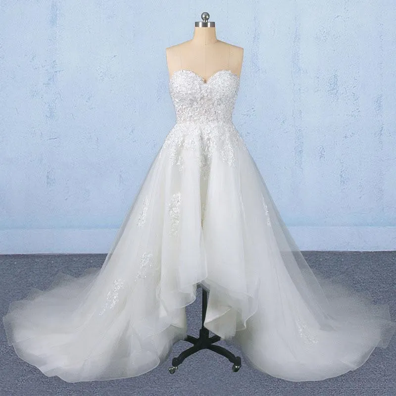 Off White Sweetheart High Low Tulle Appliques Wedding Dresses with Train UQ2346