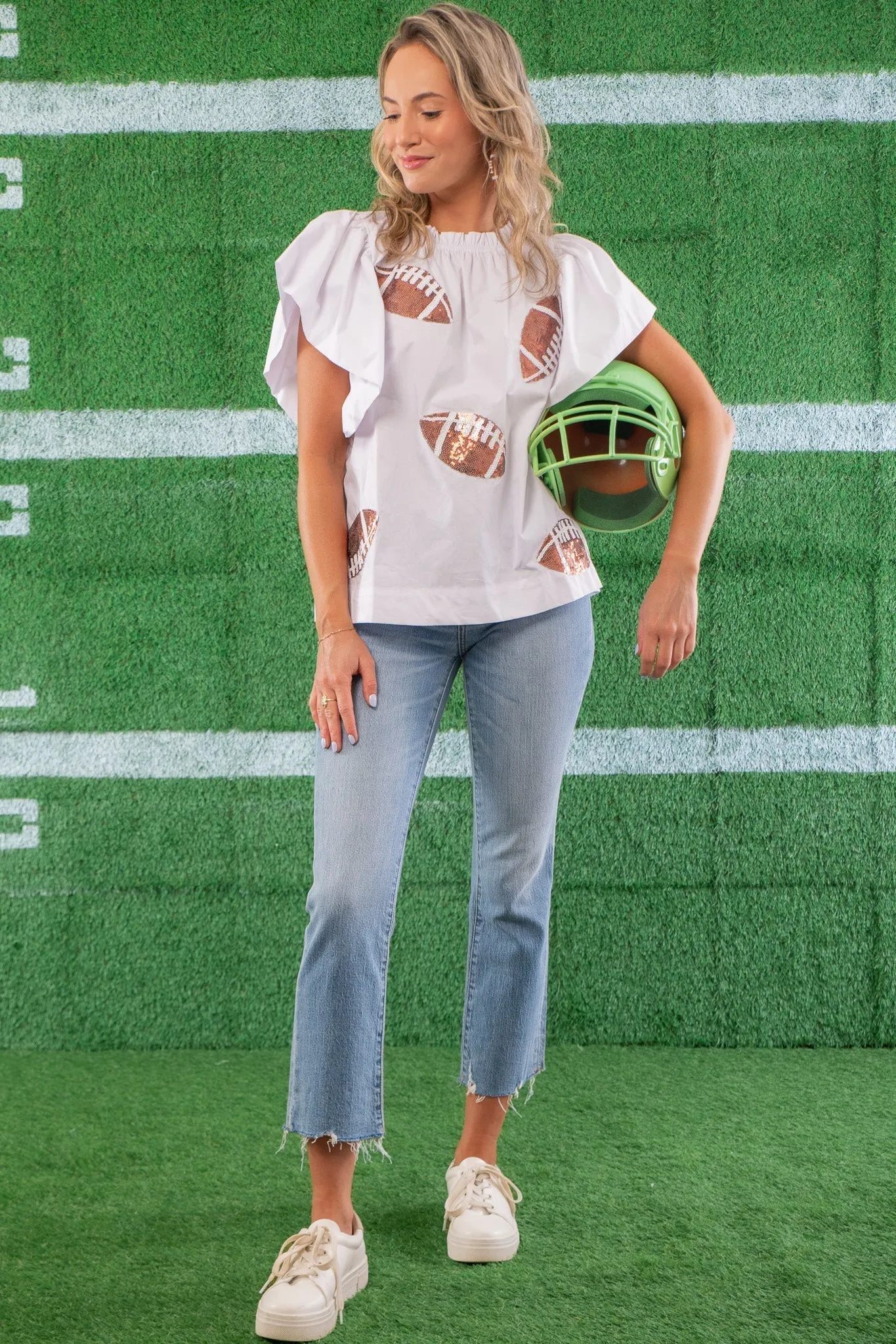 White Football Sequin Poplin Blouse