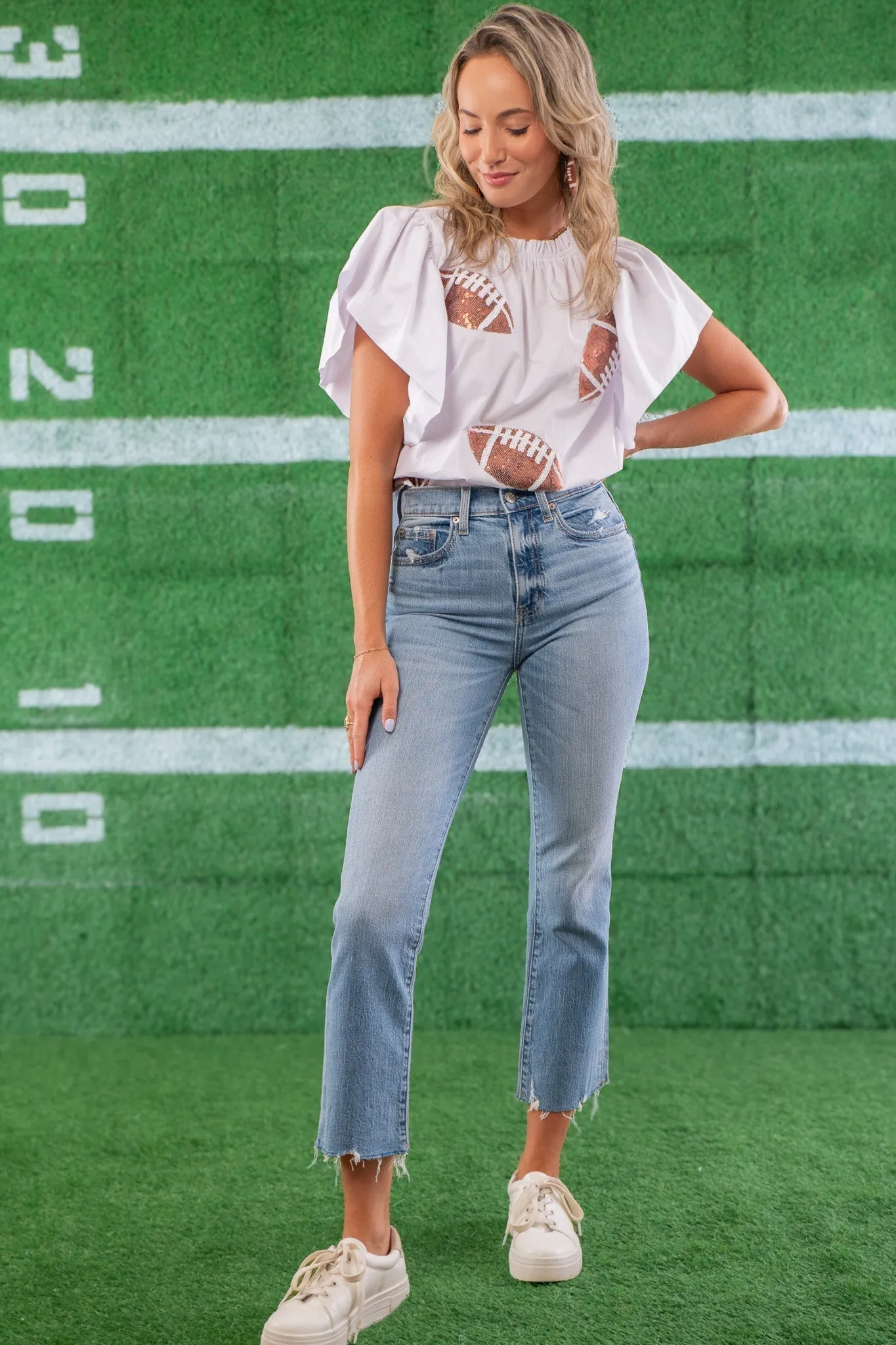 White Football Sequin Poplin Blouse
